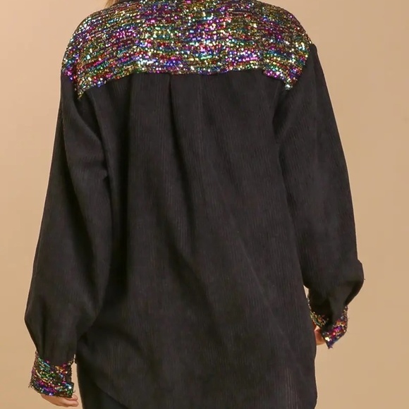 New Umgee Sequin Button Down Front Jacket Collar Flannel Top Shacket Bling Black - Picture 3 of 8